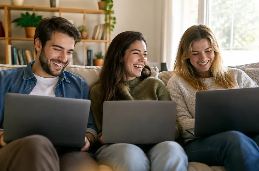 Drei junge Erwachsene sitzen lachend mit Laptops auf einem Sofa im Wohnzimmer und spielen gemeinsam