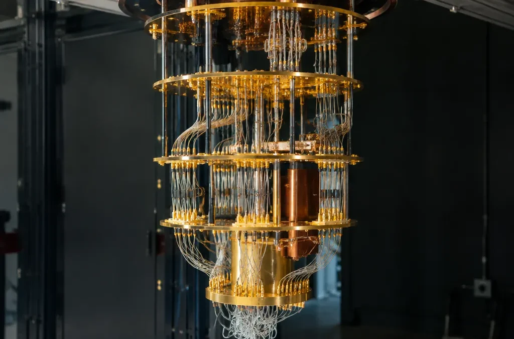 Goldglänzender Kryostat eines Quantencomputers mit mehreren Kühlstufen und vielen Kabeln, der offen in einem Labor hängt