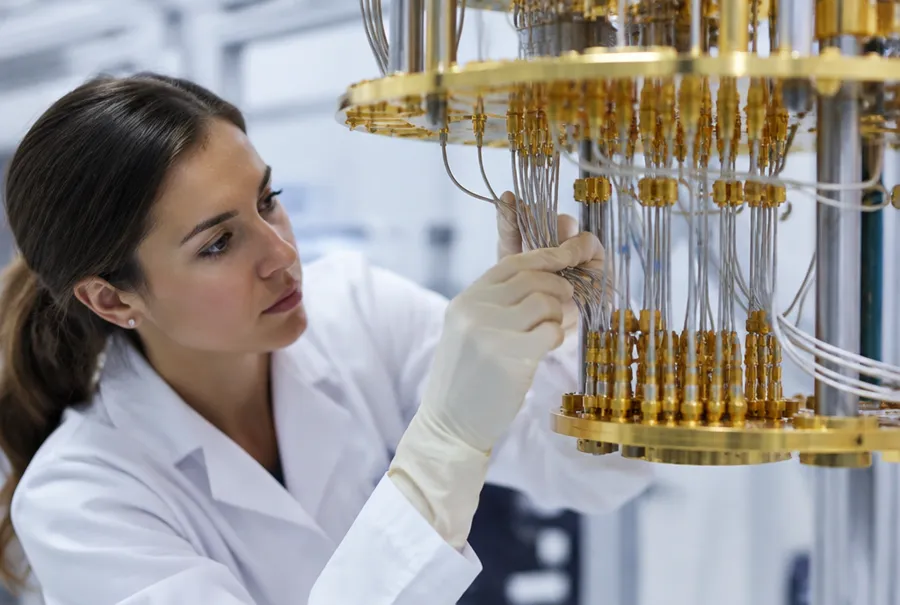 Wissenschaftlerin im Laborkittel justiert Kabel an der unteren Stufe eines goldfarbenen Quantencomputer-Kryostaten