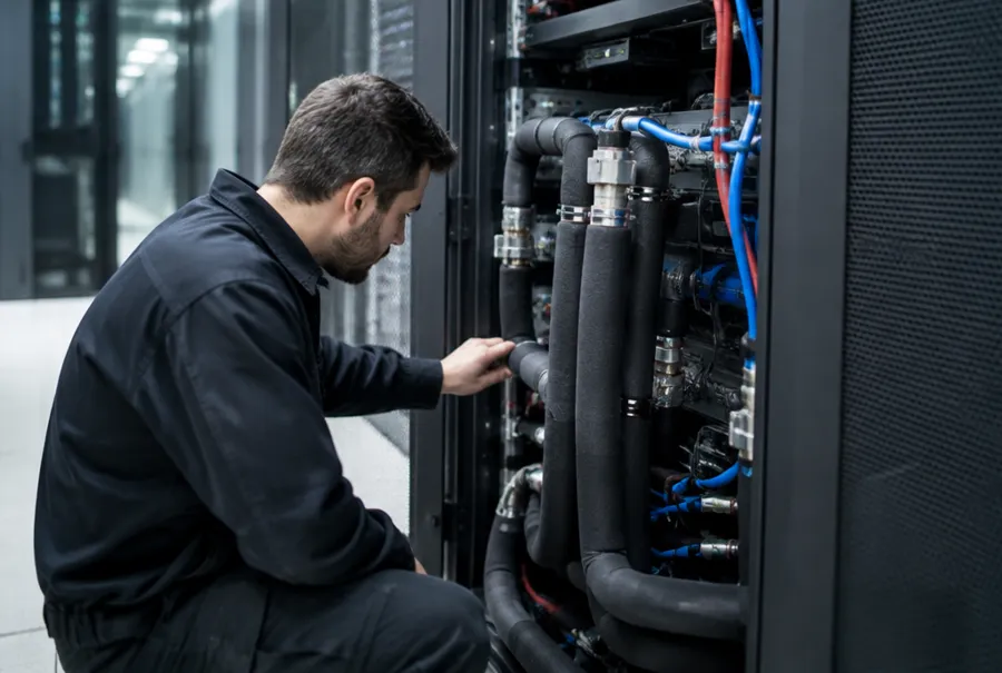 Techniker in Arbeitskleidung prüft die wassergekühlten Leitungen an einem geöffneten Rechenschrank im Rechenzentrum